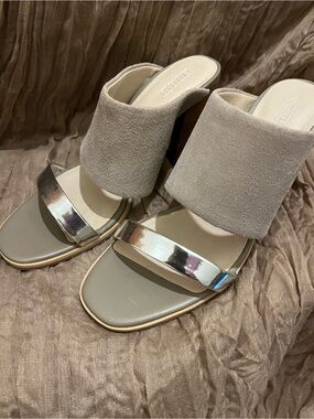 Seychelles Taupe Suede & Silver Metallic Slide Sandals